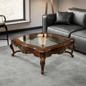 Carved Wood Glass Top Center Table