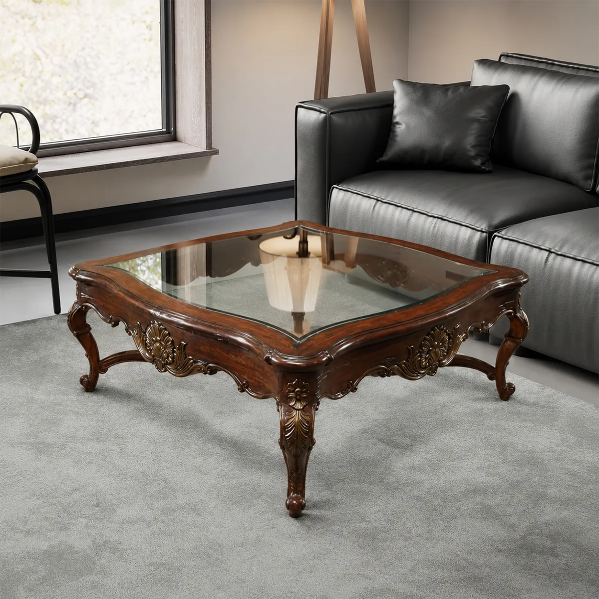 Carved Carved Wood Glass Top Center Table
