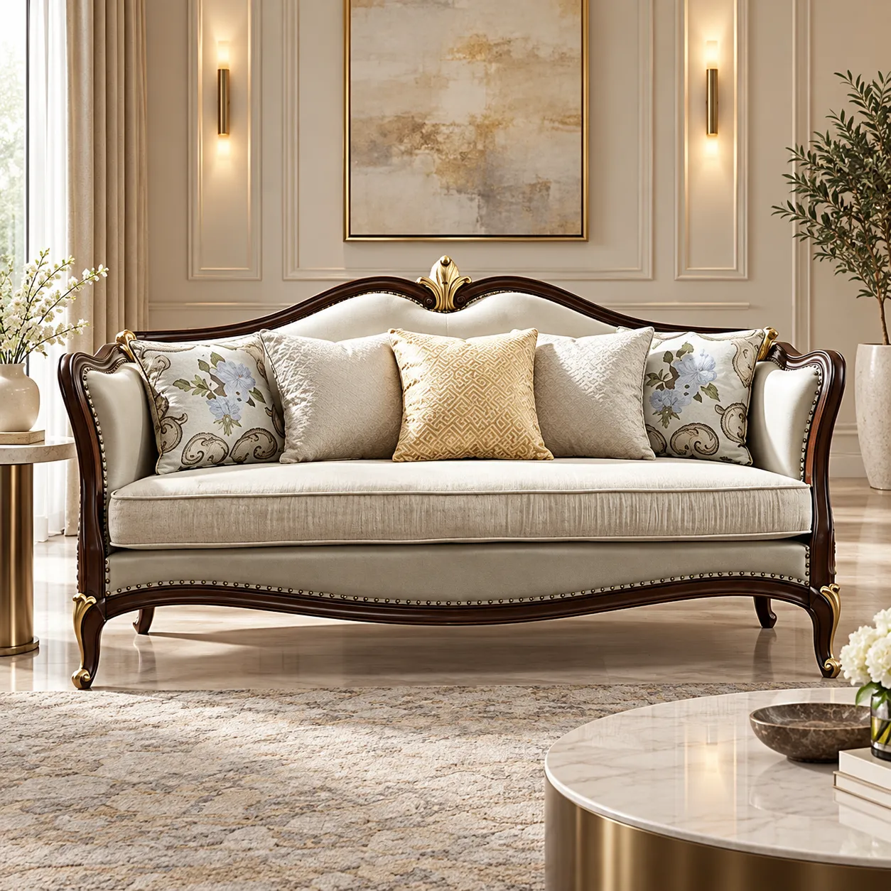Elegant Wood Trim Sofa Set