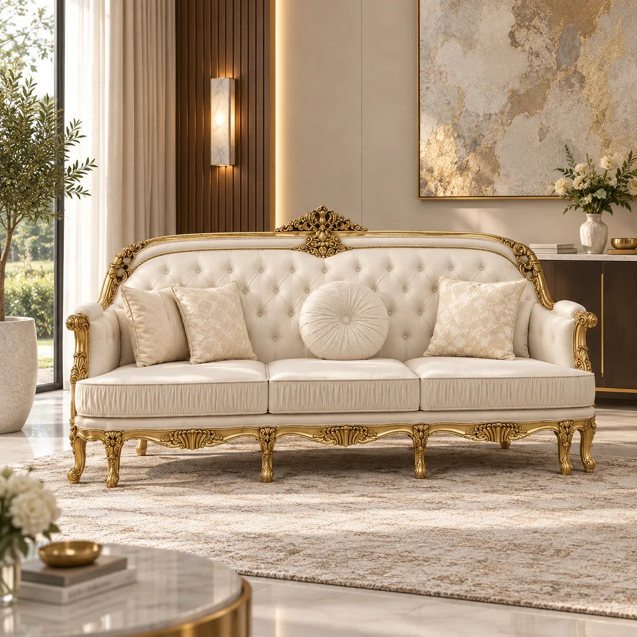 Luxury Tufted Sofa with Gold Trim