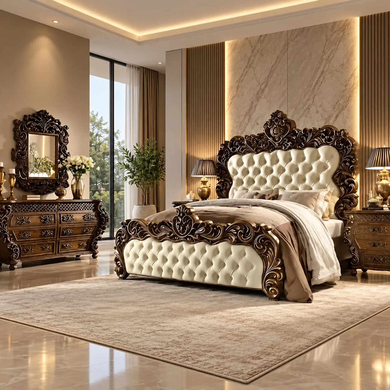 Timeless Walnut Carved Bedroom Set