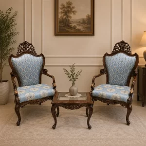 Cerulean Brocade Carved Chair Set